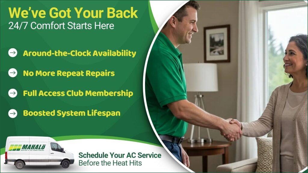 This is an image of a Mahalo HVAC tech shaking hands with home owner. The headline reads; We've got your back, 24/7 comfort starts here.