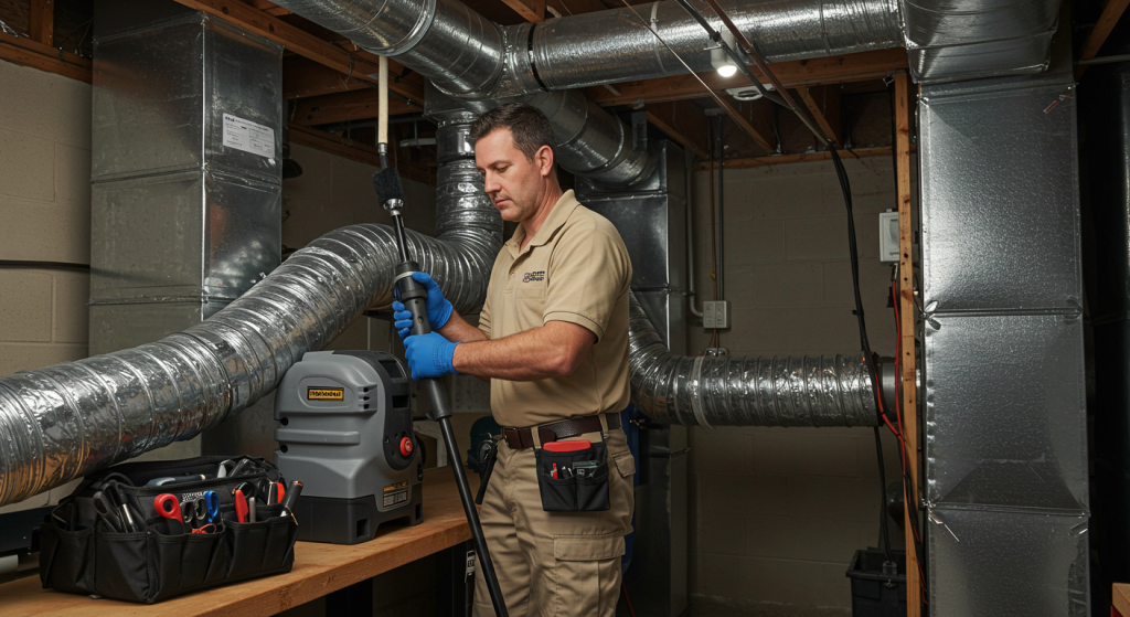 HVAC technician conducts air duct cleaning in residential basement.