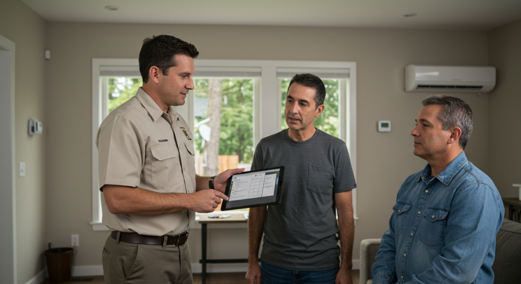 Homeowner consults with HVAC technician about AC maintenance services in Roseburg living room.