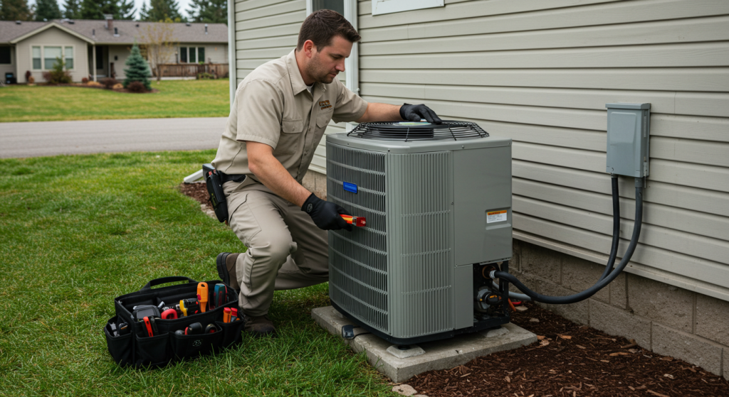 HVAC technician installs central air conditioning unit outside Roseburg home.