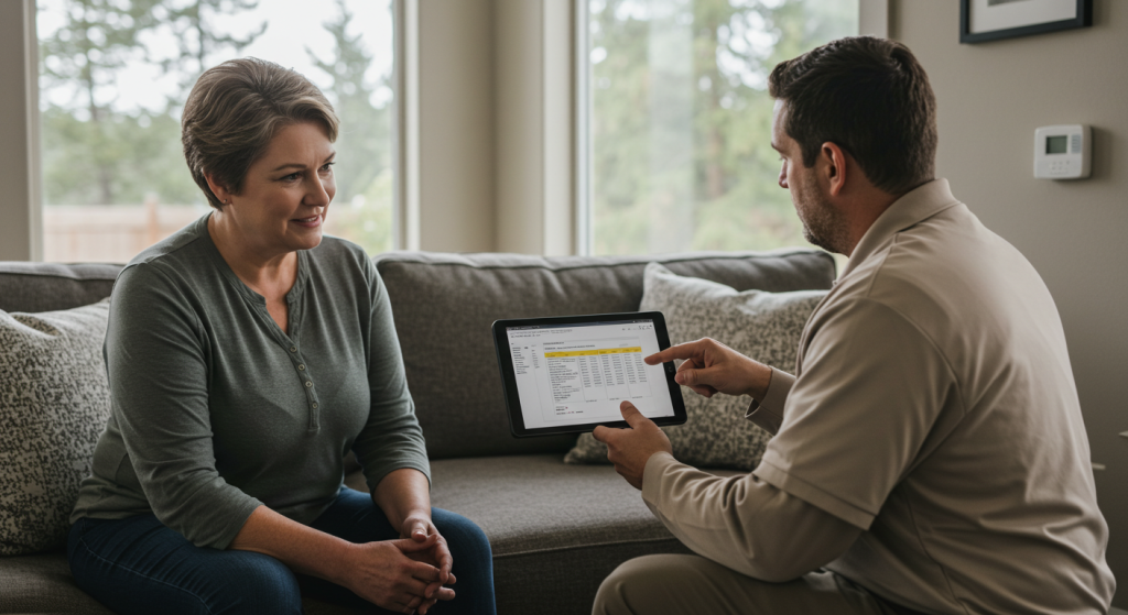 Homeowner reviews AC replacement cost breakdown with HVAC technician in Roseburg living room.