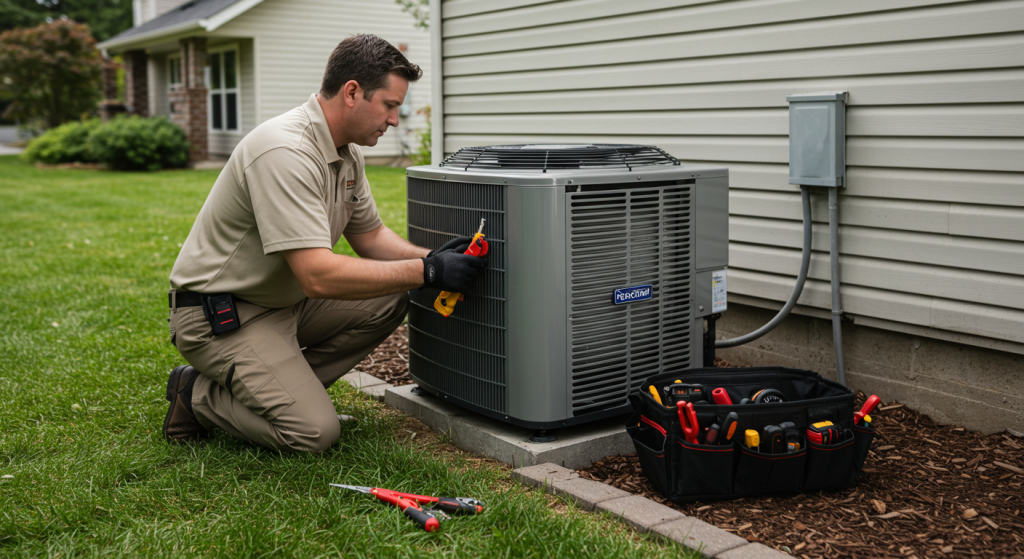 HVAC technician installs central air conditioning unit outside Roseburg home.