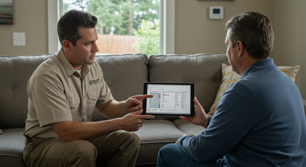 Homeowner consults with HVAC technician about AC replacement options in Roseburg living room.