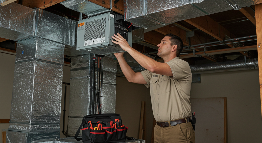 HVAC technician installs air purification system in ductwork of Roseburg home.