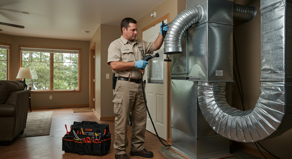 HVAC technician conducts air duct cleaning to improve indoor air quality in Roseburg home.