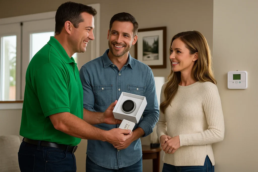 HVAC technician in uniform showing a smart thermostat to an attractive couple in their 30s at home