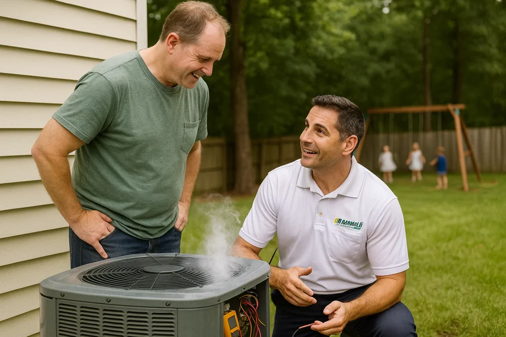 Homeowner and technician troubleshoot weak AC airflow by checking the AC unit.