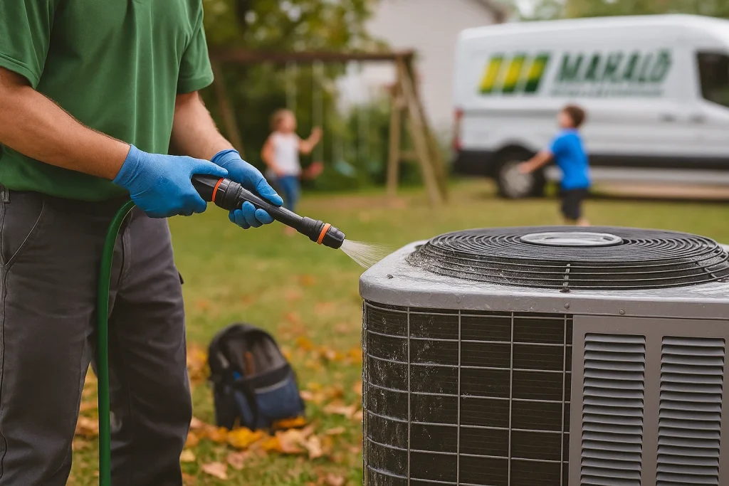 Technician cleans condenser coils on outdoor AC unit surrounded by late-summer leaves