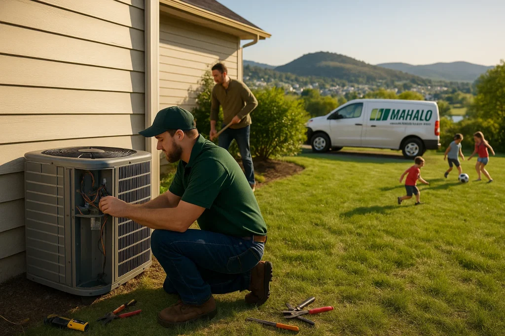 An image of an HVAC technician servicing an AC condenser unit on the side of the house