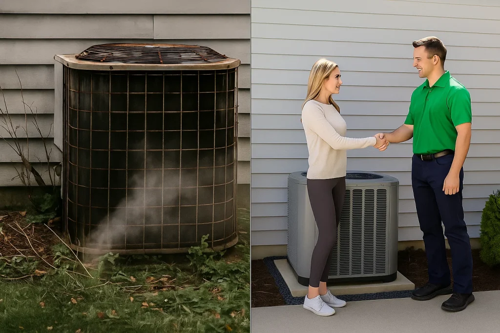 Split screen showing an old ac unit on one side and a new ac unit and a homeowner and hvac tech shaking hands.