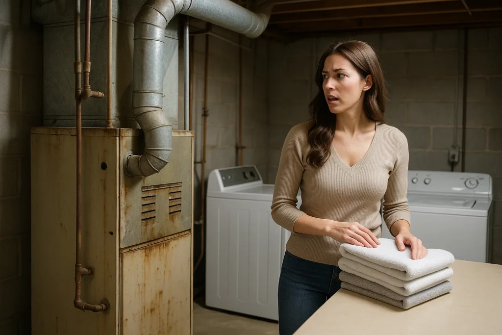 A homeowner folding laundry in our basement, listening to a furnace, making noise