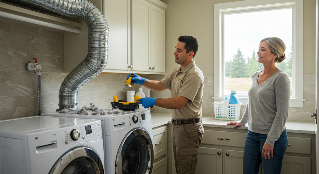 Homeowner observing technician from Mahalo Heating and Air Conditioning performing dryer vent cleaning in Roseburg.