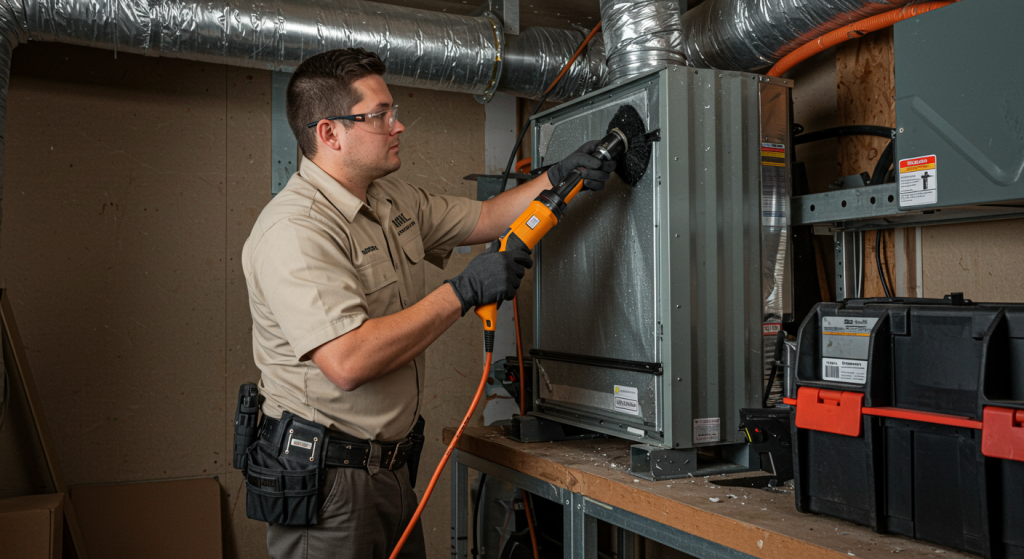 Mahalo Heating and Air Conditioning technician performing air duct cleaning in a Roseburg residence."
