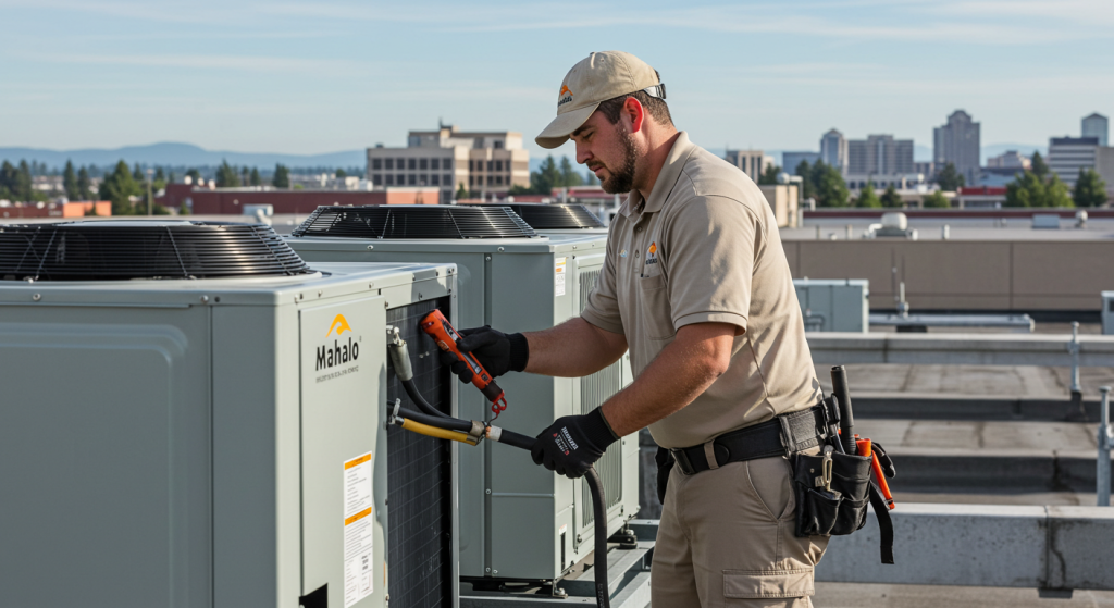 Mahalo Heating and Air Conditioning technician conducting maintenance on commercial HVAC system in Roseburg.