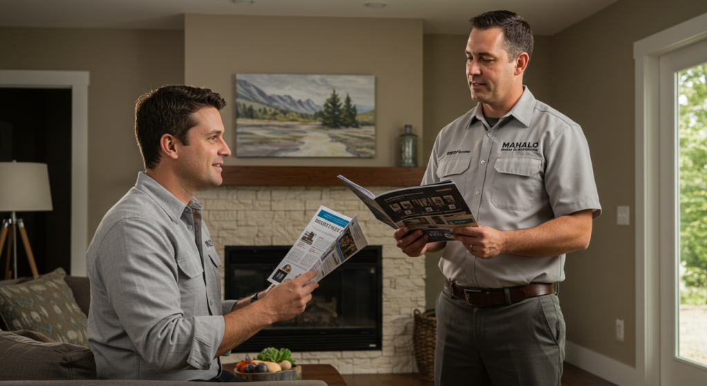 Homeowner discussing mini-split installation with Mahalo Heating and Air Conditioning technician in Roseburg.
