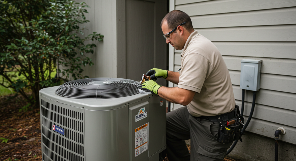 Mahalo Heating and Air Conditioning technician servicing a heat pump system in Roseburg.