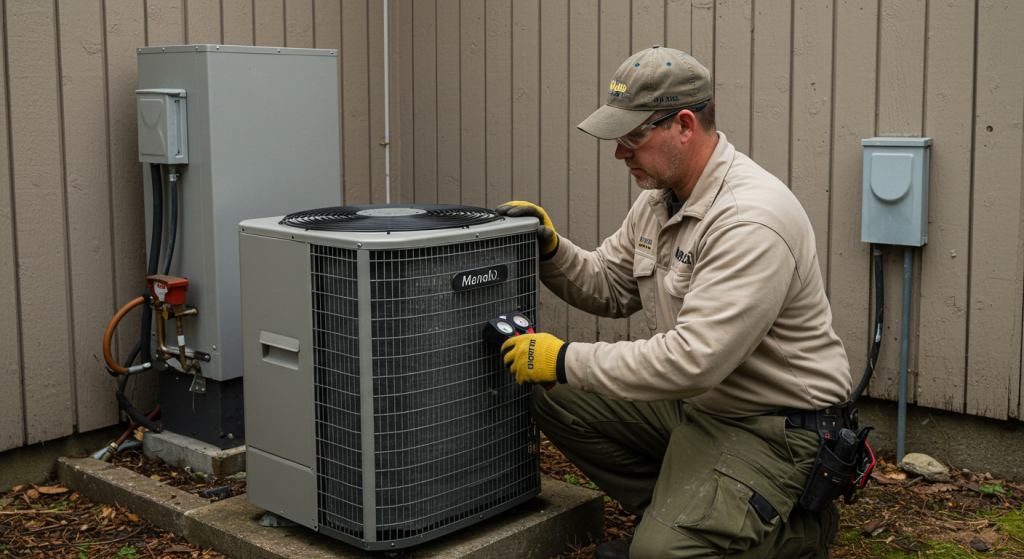 Mahalo Heating and Air Conditioning technician conducting a heat pump tune-up in Roseburg.