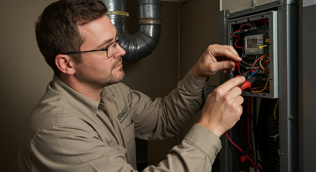 Mahalo Heating and Air Conditioning technician inspecting thermostat wiring in a Roseburg home.