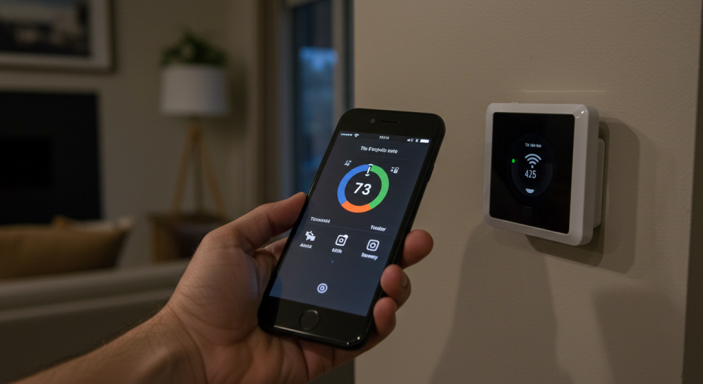 Homeowner in Roseburg adjusting smart thermostat settings via smartphone.