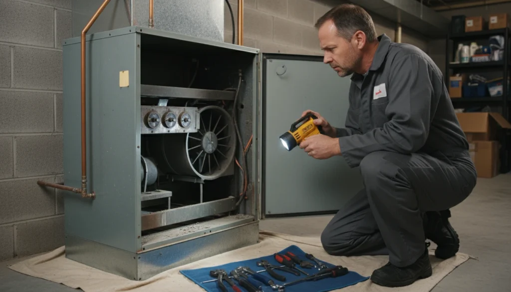 HVAC technician inspecting old furnace components during winter prep