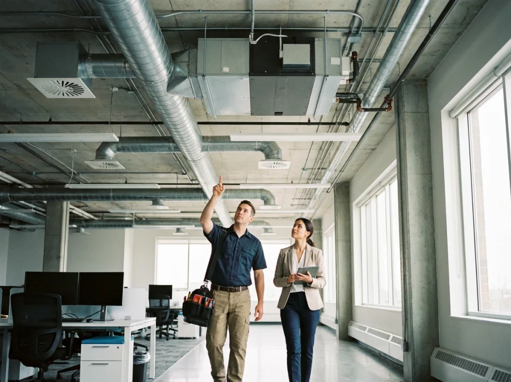 HVAC technician and building manager reviewing heating system plans in a commercial building.
