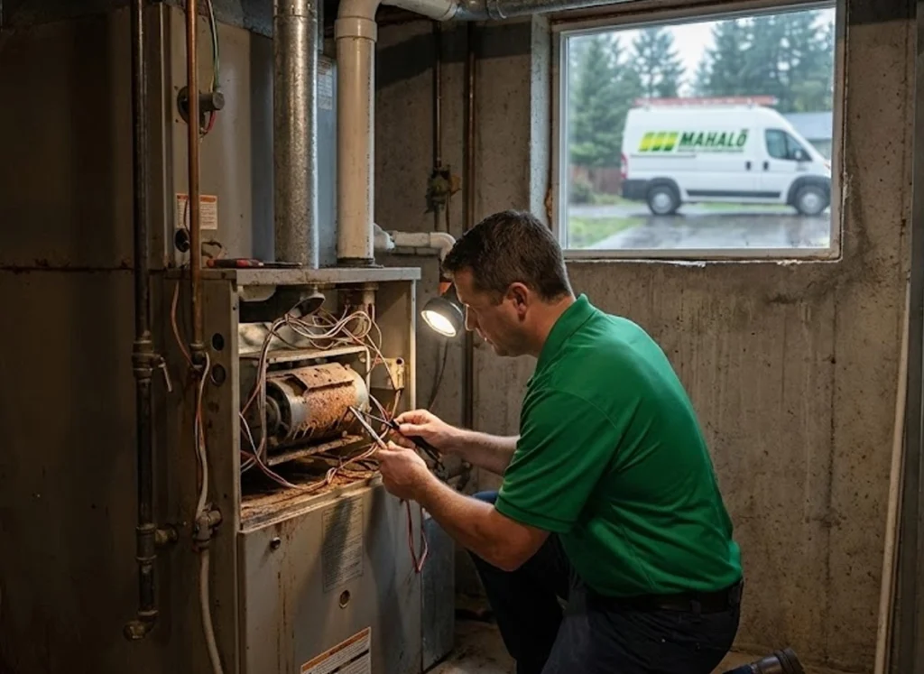 An image a Mahalo tech servicing a furnace.
