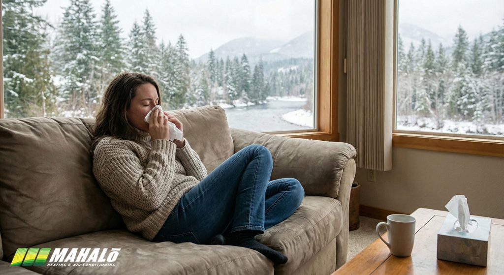 A woman sitting on her sofa in her living room blowing her nose into a tissue. The living room window behind her shows a Washington state winter