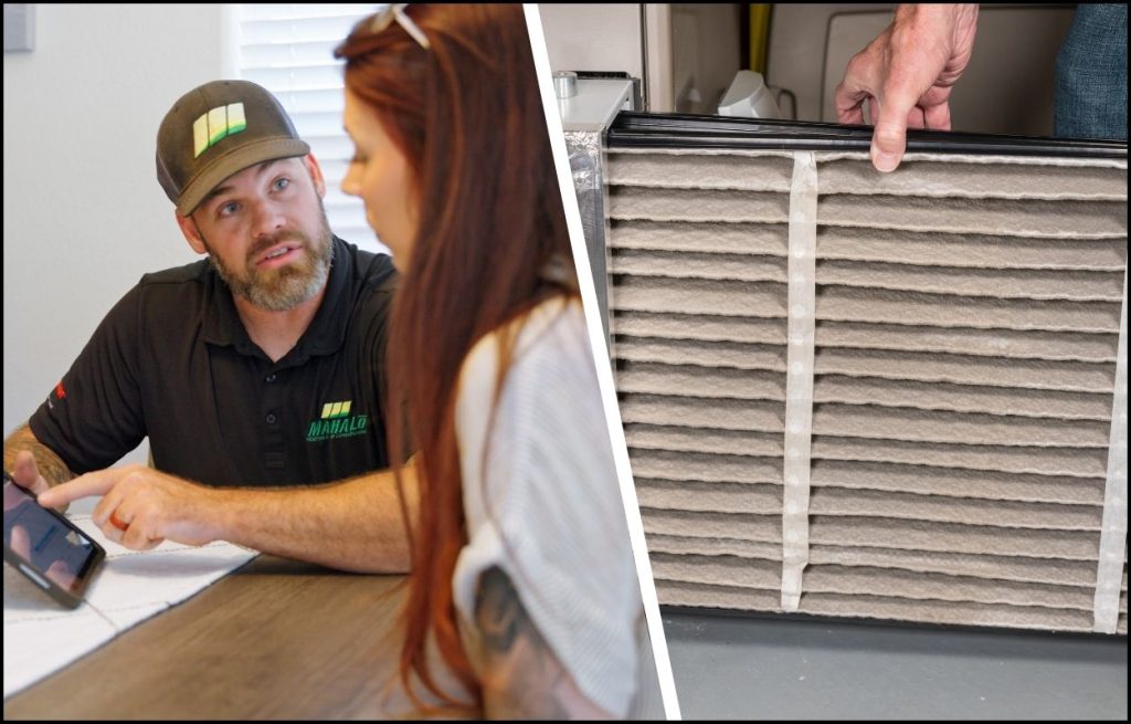 A Mahalo HVAC technician showing a homeowner air purifier options.