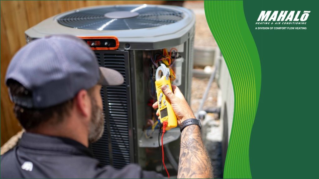 An HVAC technician servicing an AC condenser unit.